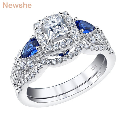 2Pcs Solid 925 Sterling Silver Wedding Engagement Rings for Women Princess Cut Blue Pear AAAAA Zircons Bridal Set