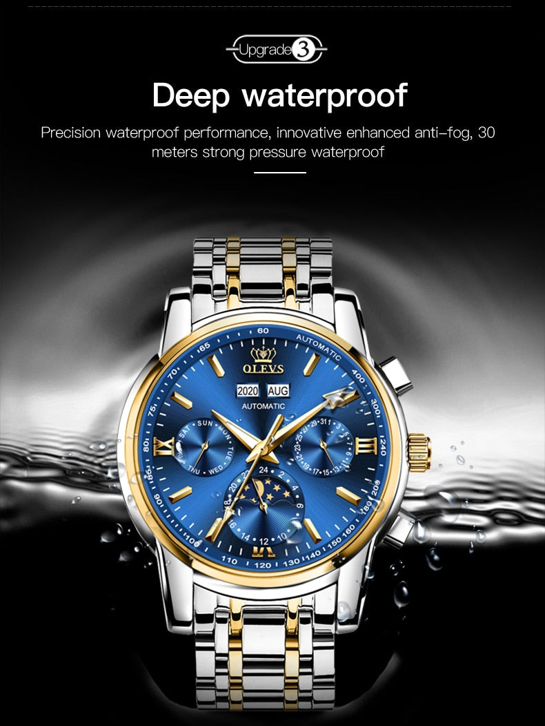 OLEVS Luxury Men's Wrist Watches Automatic Mechanical Watch for Men Top Original Moon Phase Waterproof Stainless Steel Man Watch