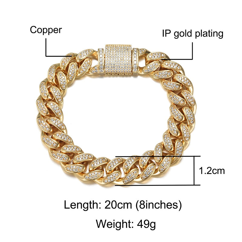 Hip Hop Heavy Iced out 12MM Big Box Buckle Cuban Gold Chain Copper AAA+ Cubic Zirconia Stones Bracelet For Men Bling Jewelry