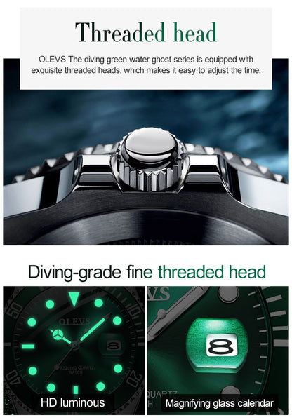 OLEVS Mens Watches Top Brand Luxury Fashion Waterproof Luminous Hand Green Dial Quartz Sports Wristwatch Gifts for Men