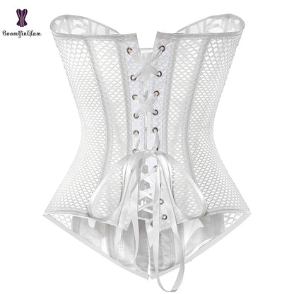 Black Women's Breathable Shapewear Costumes Sexy Transparent Mesh Corselet Hollow Out Corset Bustier Top With G String 930#