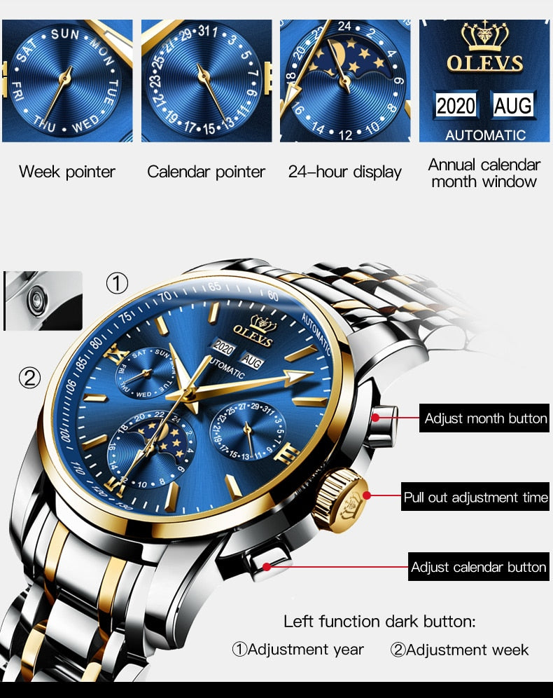 OLEVS Luxury Men's Wrist Watches Automatic Mechanical Watch for Men Top Original Moon Phase Waterproof Stainless Steel Man Watch