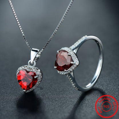 Genuine Solid 925 Sterling Silver Hearts Sets Jewelry Ruby Red Ring Necklace Wedding Crystal Pendant Fashion Chain For Women