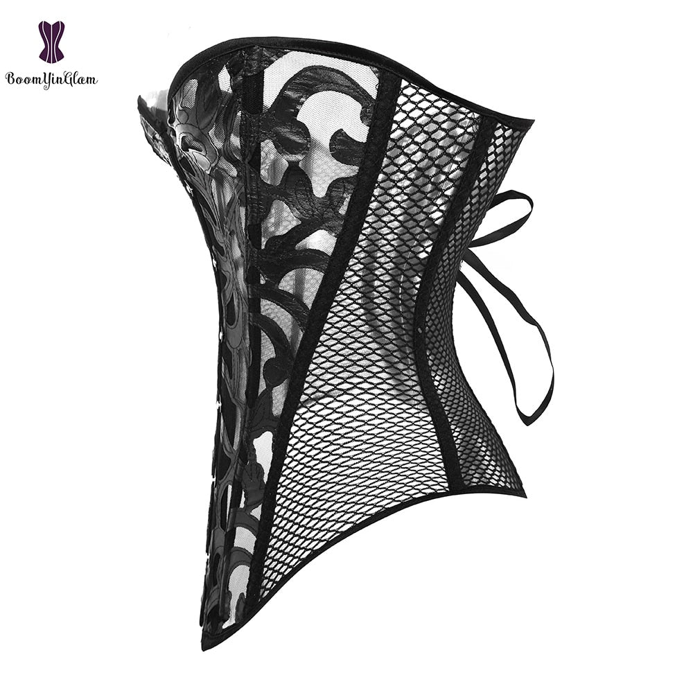 Black Women's Breathable Shapewear Costumes Sexy Transparent Mesh Corselet Hollow Out Corset Bustier Top With G String 930#