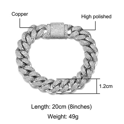 Hip Hop Heavy Iced out 12MM Big Box Buckle Cuban Gold Chain Copper AAA+ Cubic Zirconia Stones Bracelet For Men Bling Jewelry