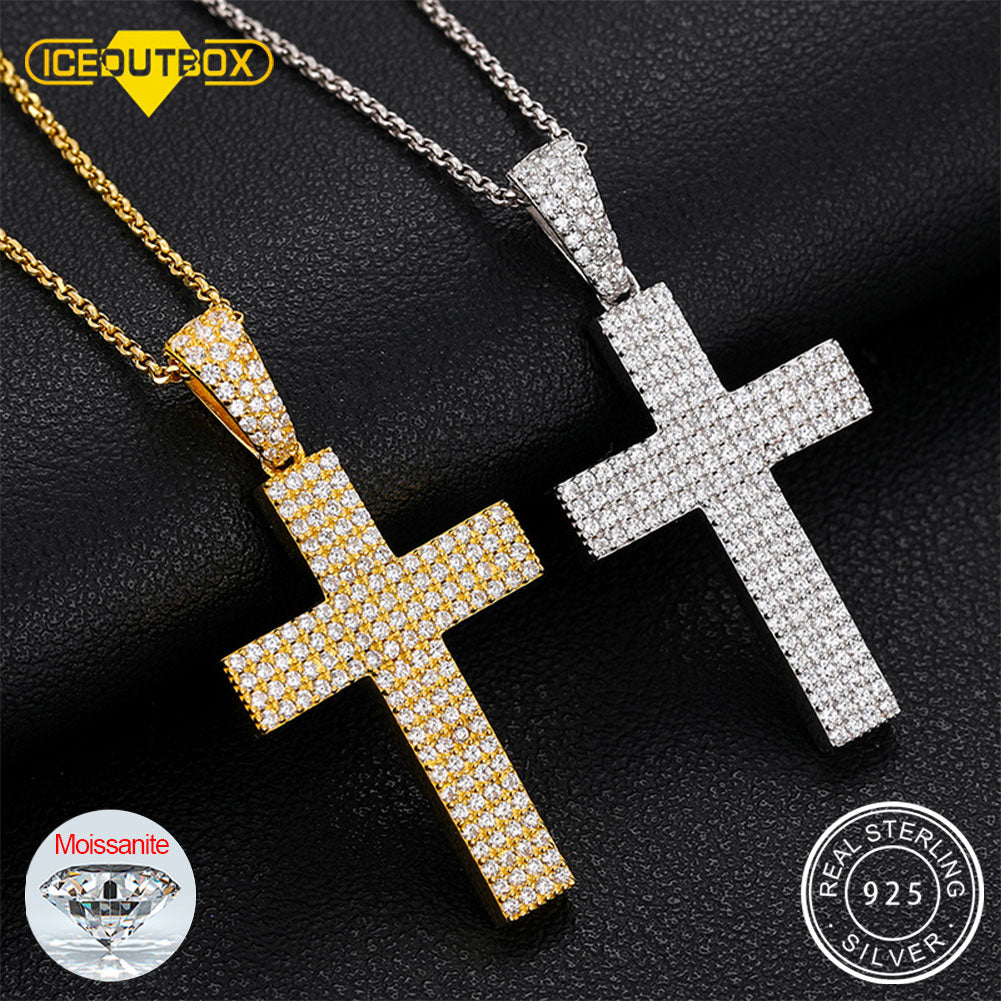 Four Row Cross Pendant Moissanite Solid Sterling 925 Silver Necklace For Women or Men Luxury Jewelry