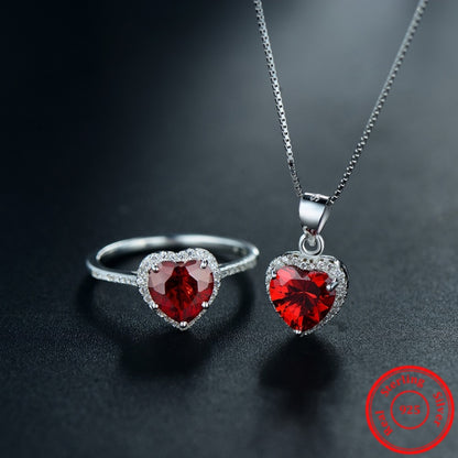 Genuine Solid 925 Sterling Silver Hearts Sets Jewelry Ruby Red Ring Necklace Wedding Crystal Pendant Fashion Chain For Women