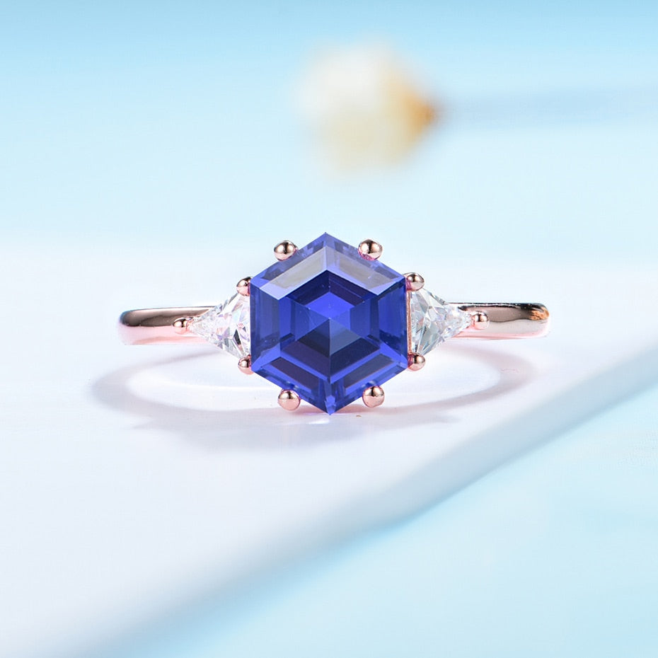 Hexagon London Blue Topaz Gemstone Ring for Women Solid 925 Sterling Silver Tanzanite Morganite Jewelry for Engagement