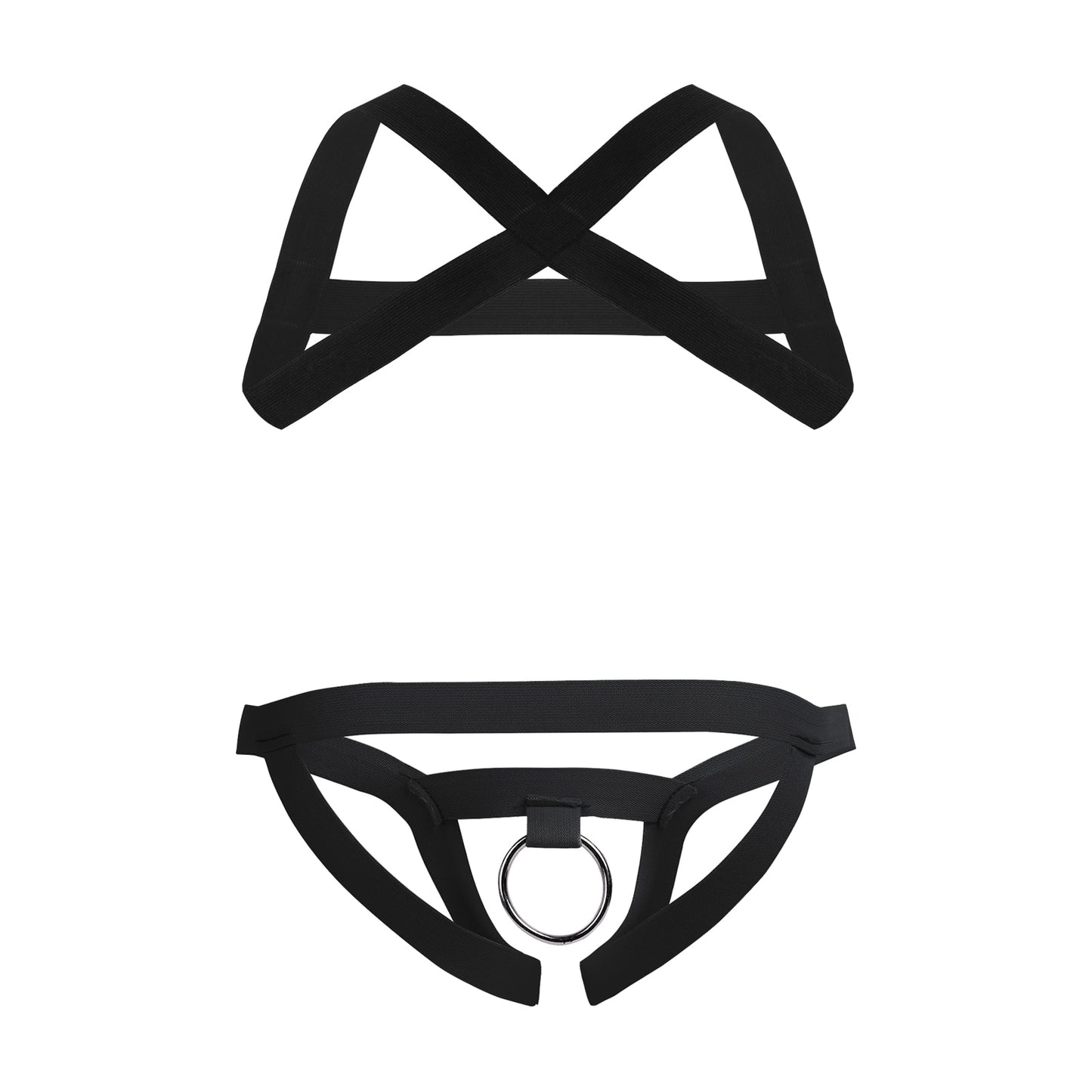 Mens Black X-Shape Back Elastic Shoulder 2Pcs Chests Muscle Harness Belt Straps with Low Rise Metal Crotchless T-back Underwears