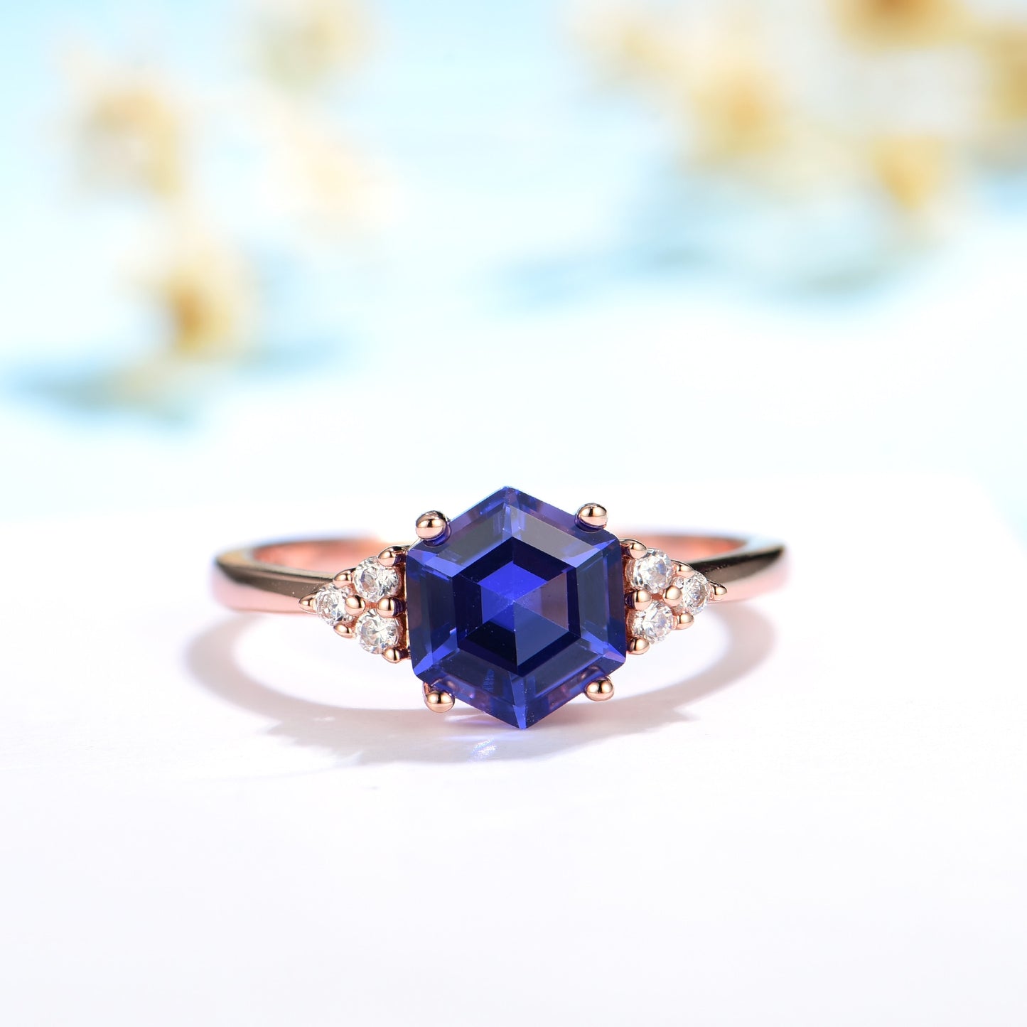 Hexagon London Blue Topaz Gemstone Ring for Women Solid 925 Sterling Silver Tanzanite Morganite Jewelry for Engagement