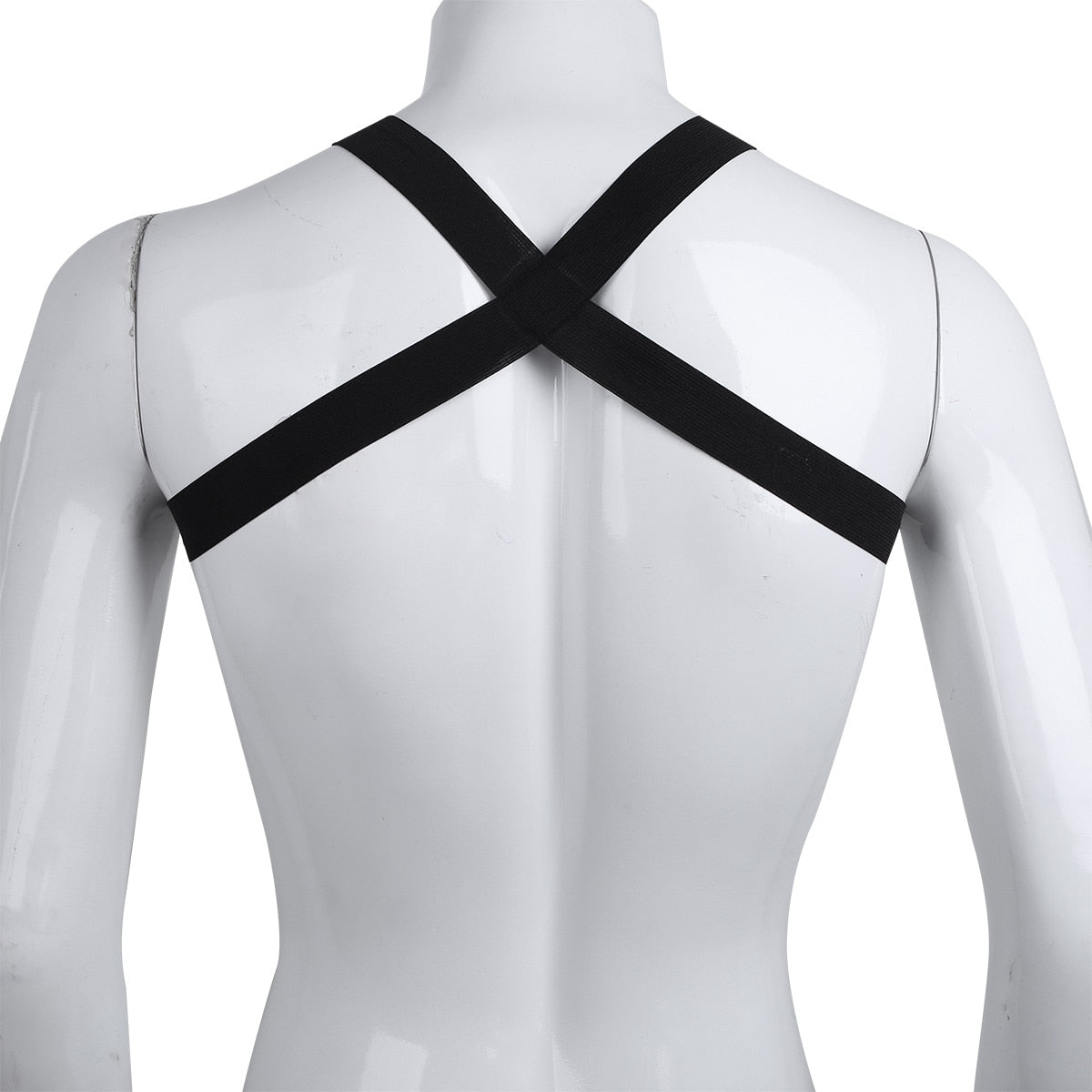 Mens Black X-Shape Back Elastic Shoulder 2Pcs Chests Muscle Harness Belt Straps with Low Rise Metal Crotchless T-back Underwears