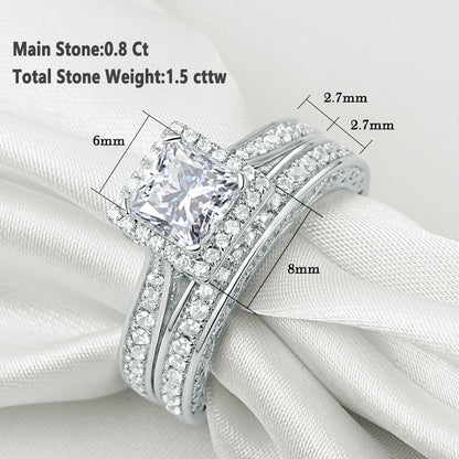 2Pcs Genuine 925 Sterling Silver Wedding Ring Set Classic Jewelry 0.8 Ct Princess Cut AAAAA CZ Engagement Rings for Women