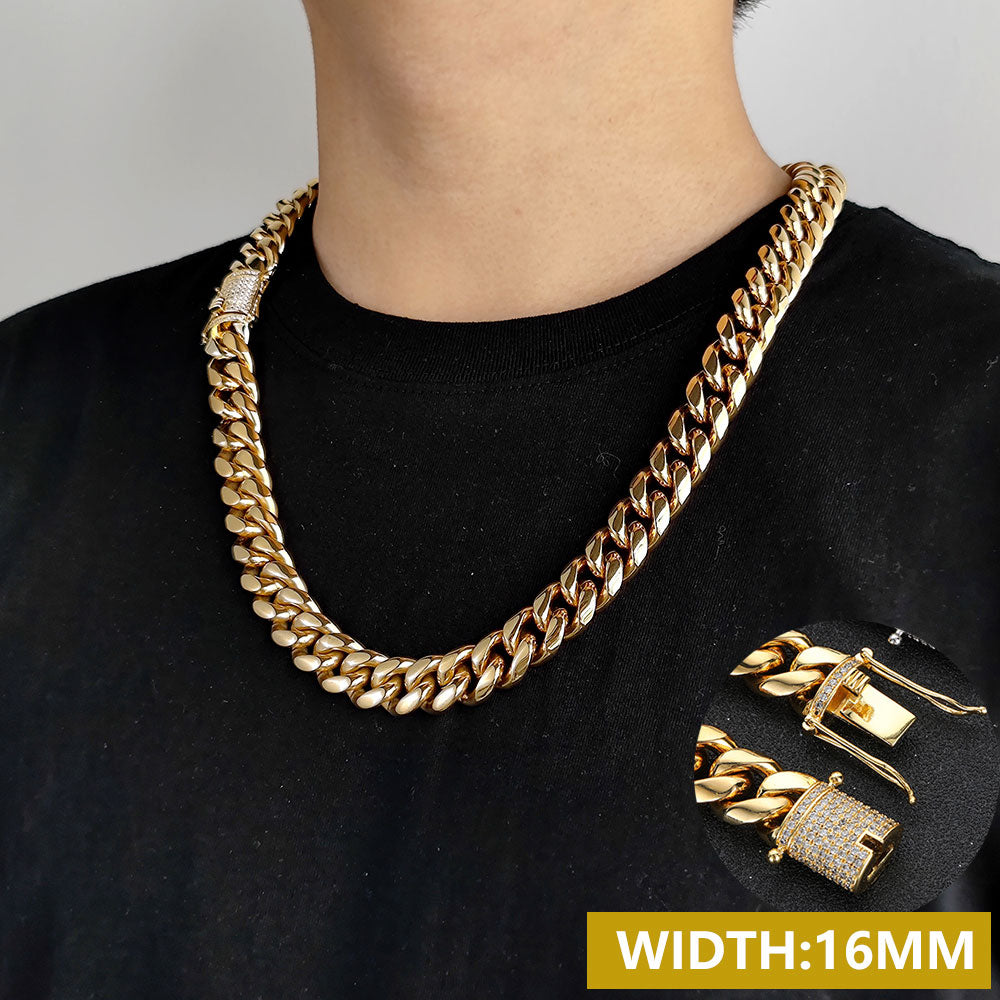 Hip Hop 18k Gold Plated Stainless Steel Jewelry Iced Cadena Hombre Miami Cuban Link Chain Necklace For Men