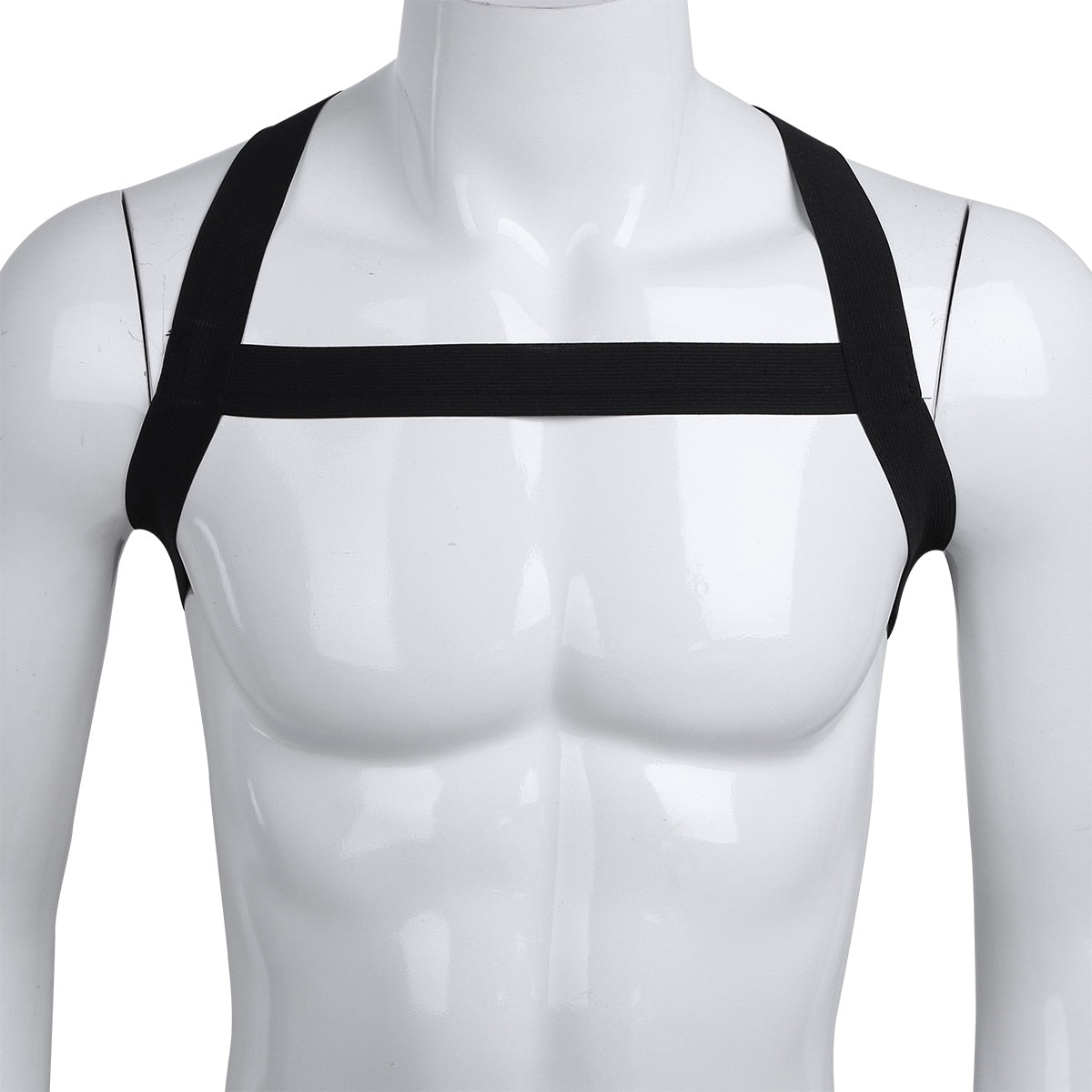 Mens Black X-Shape Back Elastic Shoulder 2Pcs Chests Muscle Harness Belt Straps with Low Rise Metal Crotchless T-back Underwears