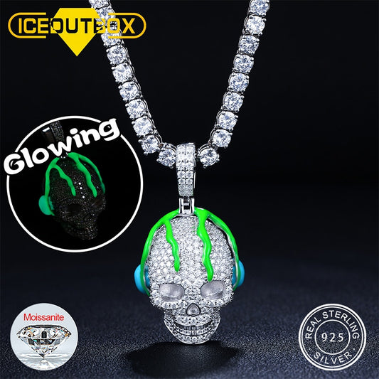 New Original Design Glowing Moissanite Skull Pendant 925 Silver Women Men Rock Cool Domineering Skeleton Pendant Hip Hop Jewelry