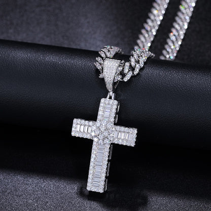 Sparkling Moissanite Men Women Hip Hop Cross Pendant Necklace Fit Tennis Chain 925 Sterling Silver Bling Necklaces Iced Jewelry