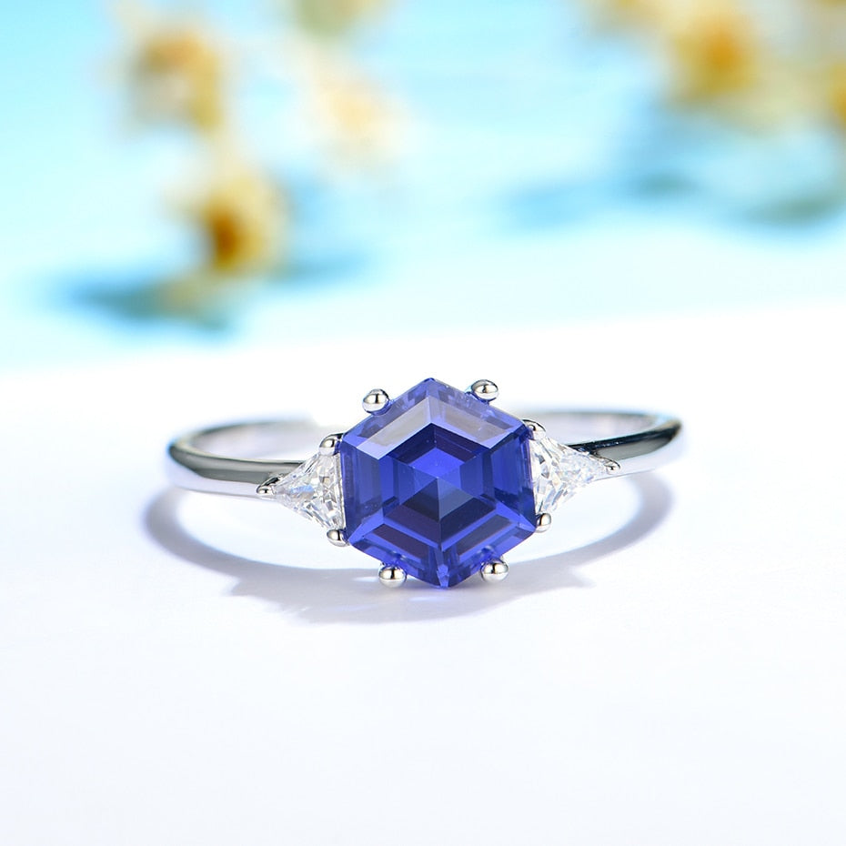 Hexagon London Blue Topaz Gemstone Ring for Women Solid 925 Sterling Silver Tanzanite Morganite Jewelry for Engagement