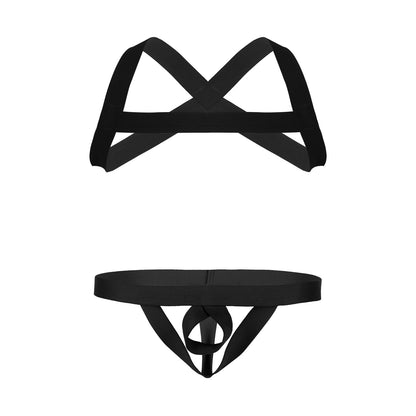 Mens Black X-Shape Back Elastic Shoulder 2Pcs Chests Muscle Harness Belt Straps with Low Rise Metal Crotchless T-back Underwears