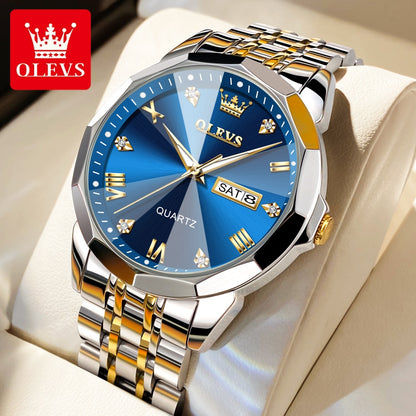 OLEVS Men's Watches Rhombus Mirror Original Quartz Watch for Man Waterproof Luminous Stainless Steel Wristwatch Male Date Week