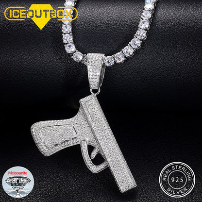 Fashion 925 Sterling Silver Moissanite Pistol Pendant Personality Cool Gun Rap Trend Pendant Necklace Iced Out Hip Hop Jewelry