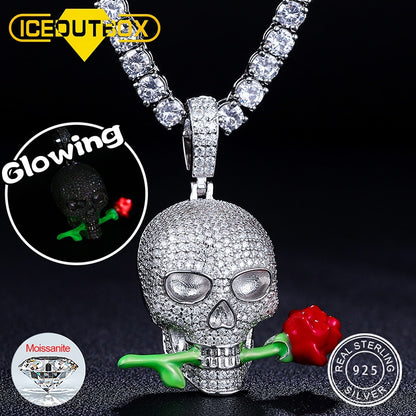 New Original Glowing Moissanite Men's Personality Skull Rose Punk Gothic Women Rock 925 Silver Skeleton Pendant Hip Hop Jewelry