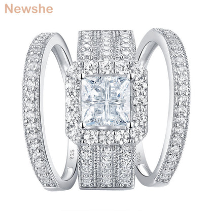 3 Pieces Engagement Rings For Women Solid 925 Silver Wedding Jewelry Halo Perfect Princess Cut Symmetrical AAAAA Zircons