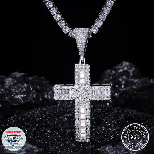 Sparkling Moissanite Men Women Hip Hop Cross Pendant Necklace Fit Tennis Chain 925 Sterling Silver Bling Necklaces Iced Jewelry