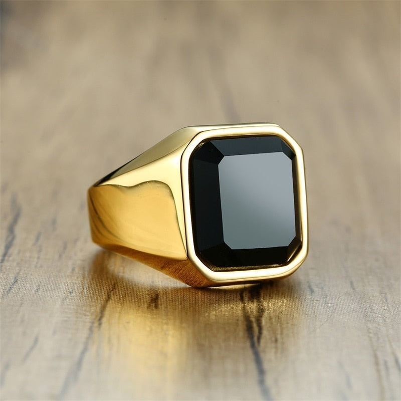 Stylish Square Natural Stone Signet Rings for Men Stainless Steel Metal Finger Ring Gift Jewelry