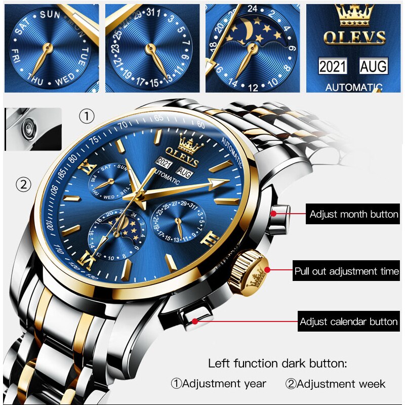 OLEVS Luxury Men's Wrist Watches Automatic Mechanical Watch for Men Top Original Moon Phase Waterproof Stainless Steel Man Watch