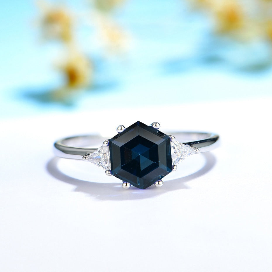 Hexagon London Blue Topaz Gemstone Ring for Women Solid 925 Sterling Silver Tanzanite Morganite Jewelry for Engagement