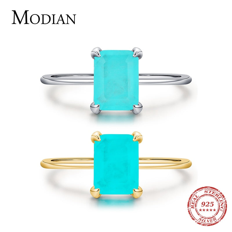 Authentic 925 Sterling Silver Classic Rectangle Tourmaline Paraiba Female Finger Ring For Women Fine Jewelry