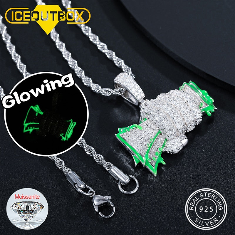 Fashion Personality Glowing Fist Dollar Money Bag Pendant Necklace D Color VVS Moissanite S925 Silver Creativity Hip Hop Jewelry