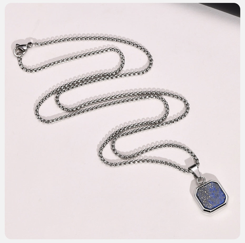 15mm Square Pendant Necklace for Men Enamel Lapis Lazuli Stone Pendant with Box Chain Simple Sport Neck Stainless Steel