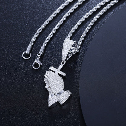 D Color Moissanite Bling Cross Pray Hand Pendant Necklace 925 Sterling Silver Hip Hop Jewelry Gift Passed Diamond Test