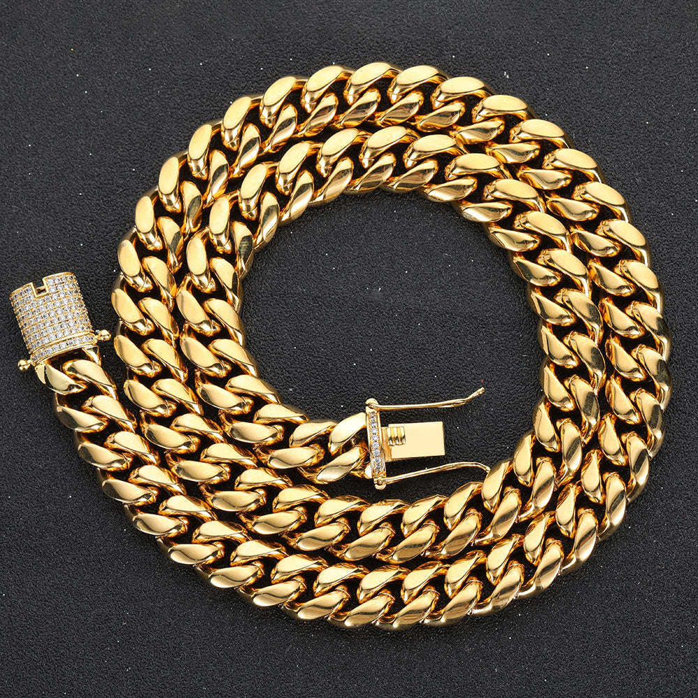 Hip Hop 18k Gold Plated Stainless Steel Jewelry Iced Cadena Hombre Miami Cuban Link Chain Necklace For Men