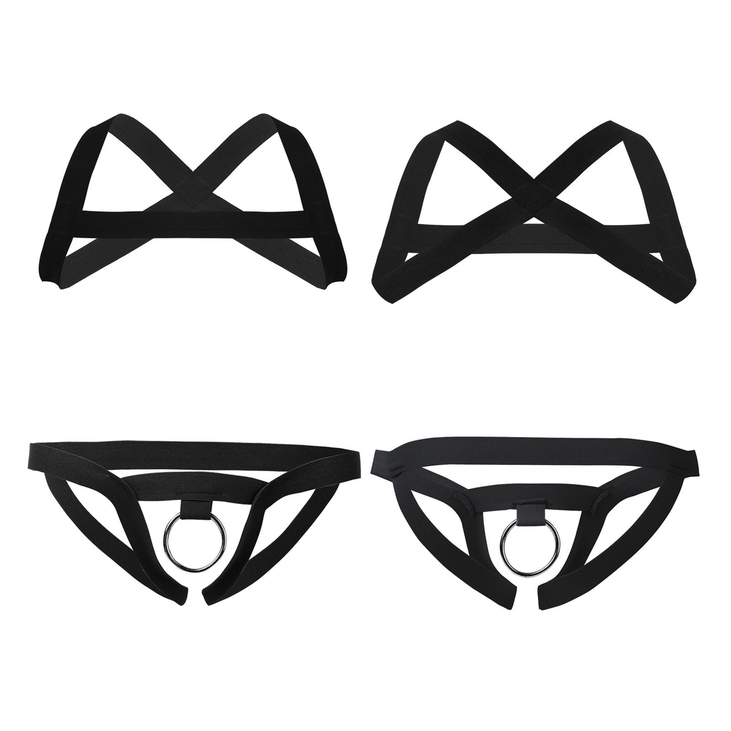 Mens Black X-Shape Back Elastic Shoulder 2Pcs Chests Muscle Harness Belt Straps with Low Rise Metal Crotchless T-back Underwears