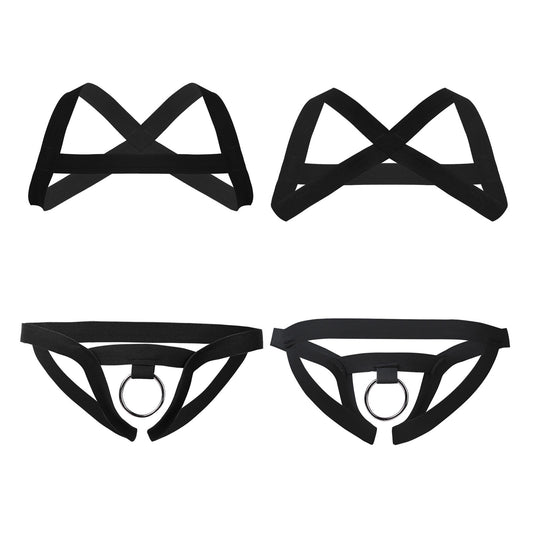 Mens Black X-Shape Back Elastic Shoulder 2Pcs Chests Muscle Harness Belt Straps with Low Rise Metal Crotchless T-back Underwears