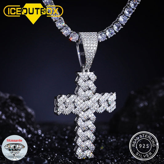 Men Women Hip Hop Cross Pendant Necklace With D VVS Moissanite Iced Out Bling 925 Sterling Silver Miami Cuban Jewelry