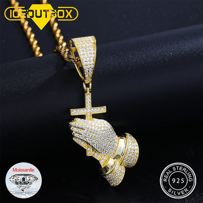 D Color Moissanite Bling Cross Pray Hand Pendant Necklace 925 Sterling Silver Hip Hop Jewelry Gift Passed Diamond Test