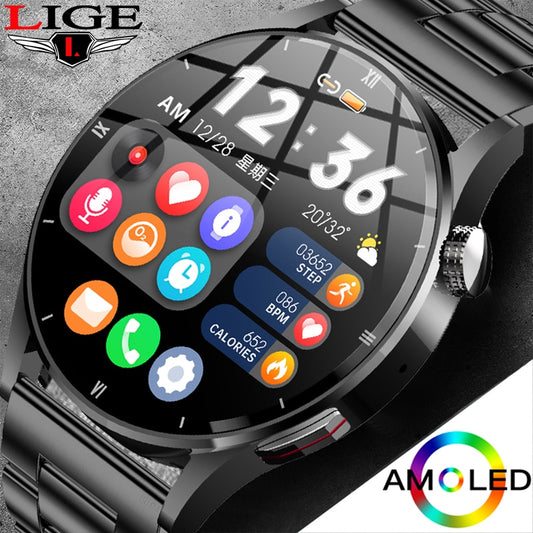 Lige Watch For Men Smart Watch AMOLED HD Screen Body Temperature Detection Ai Smart Voice Smartwatch 2023 Bluetooth Call Clock