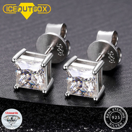 Princess Cut Moissanite Diamond Square Stud Earring 925 Silver D Color Real Moissanite Ear Studs Bridal Wedding Fine Jewelry Gif