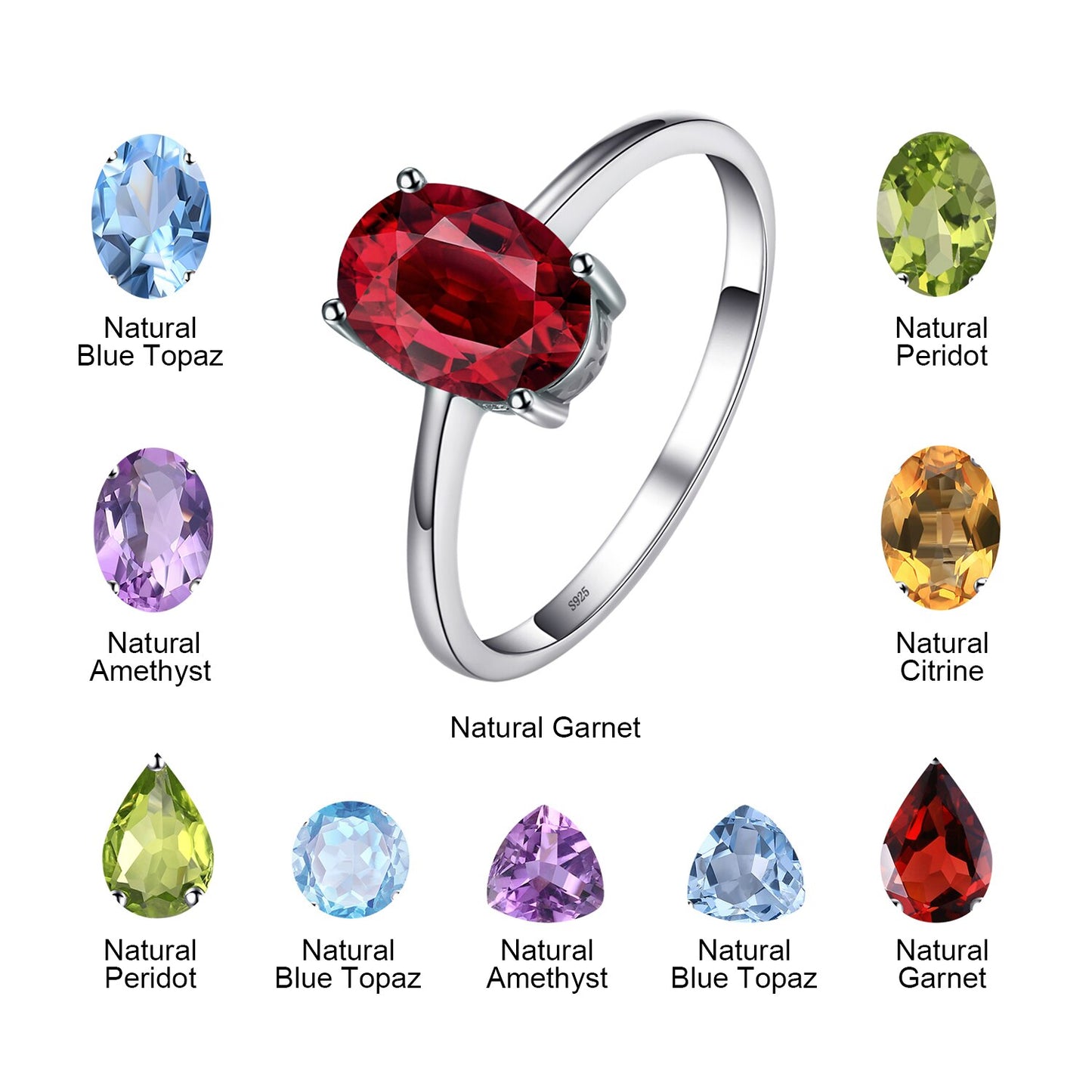 Genuine Garnet  Amethyst Citrine Peridot Blue Topaz 925 Sterling Silver Rings for Women Colorful Gemstone Jewelry