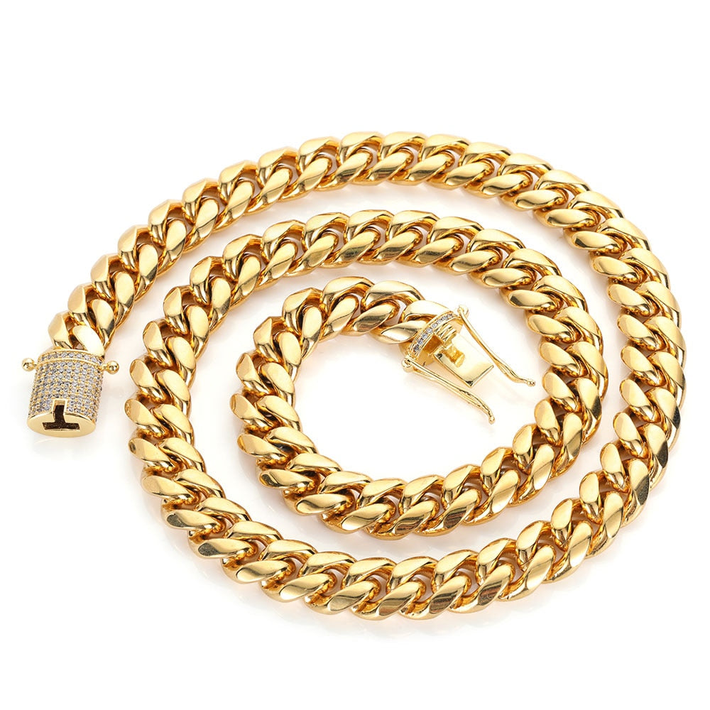 Hip Hop 18k Gold Plated Stainless Steel Jewelry Iced Cadena Hombre Miami Cuban Link Chain Necklace For Men