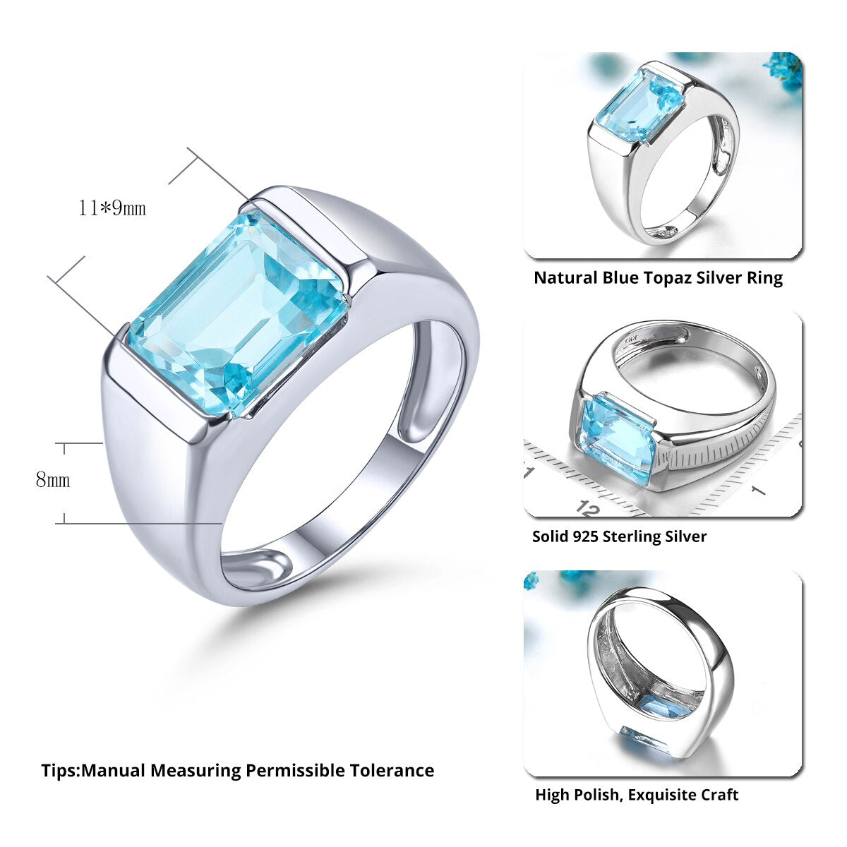 Natural Sky Blue Topaz Sterling Silver Rings 5.8 Carats Genuine Gemstone Topaz Unisex Classic Style Men's