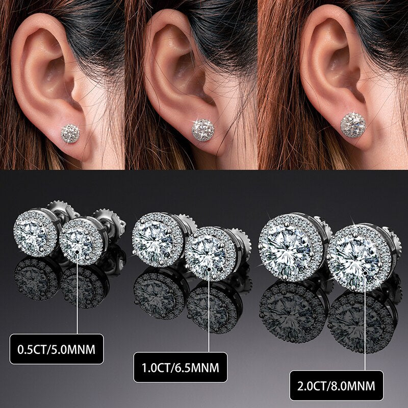 925 Sterling Silver Real 0.5-2CT Moissanite Stone Round Stud Earrings For Women Men Fashion Jewelry Pass Diamond Test