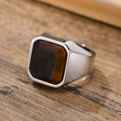 Stylish Square Natural Stone Signet Rings for Men Stainless Steel Metal Finger Ring Gift Jewelry