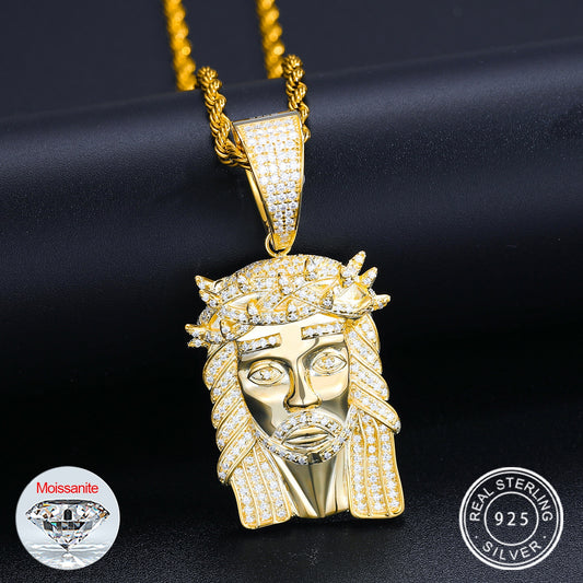 925 Sterling Silver Classic Personality Religious Style Unisex Gold Color Inlaid Moissanite Jesus Head Pendant Necklace For Men