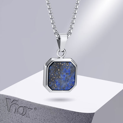 15mm Square Pendant Necklace for Men Enamel Lapis Lazuli Stone Pendant with Box Chain Simple Sport Neck Stainless Steel