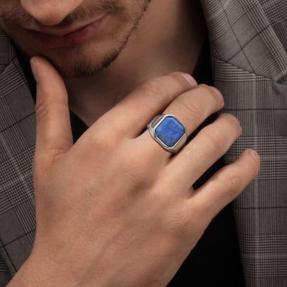 Stylish Square Natural Stone Signet Rings for Men Stainless Steel Metal Finger Ring Gift Jewelry