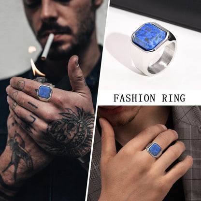 Stylish Square Natural Stone Signet Rings for Men Stainless Steel Metal Finger Ring Gift Jewelry